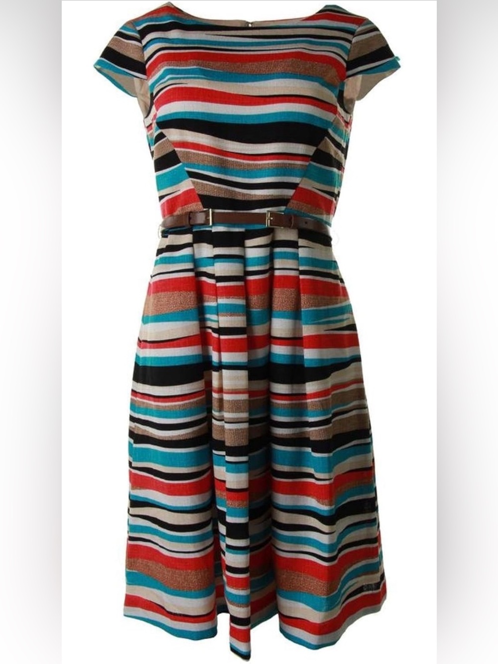 Anne Klein Striped Multicolor Belted Fit-and-Flare Dress